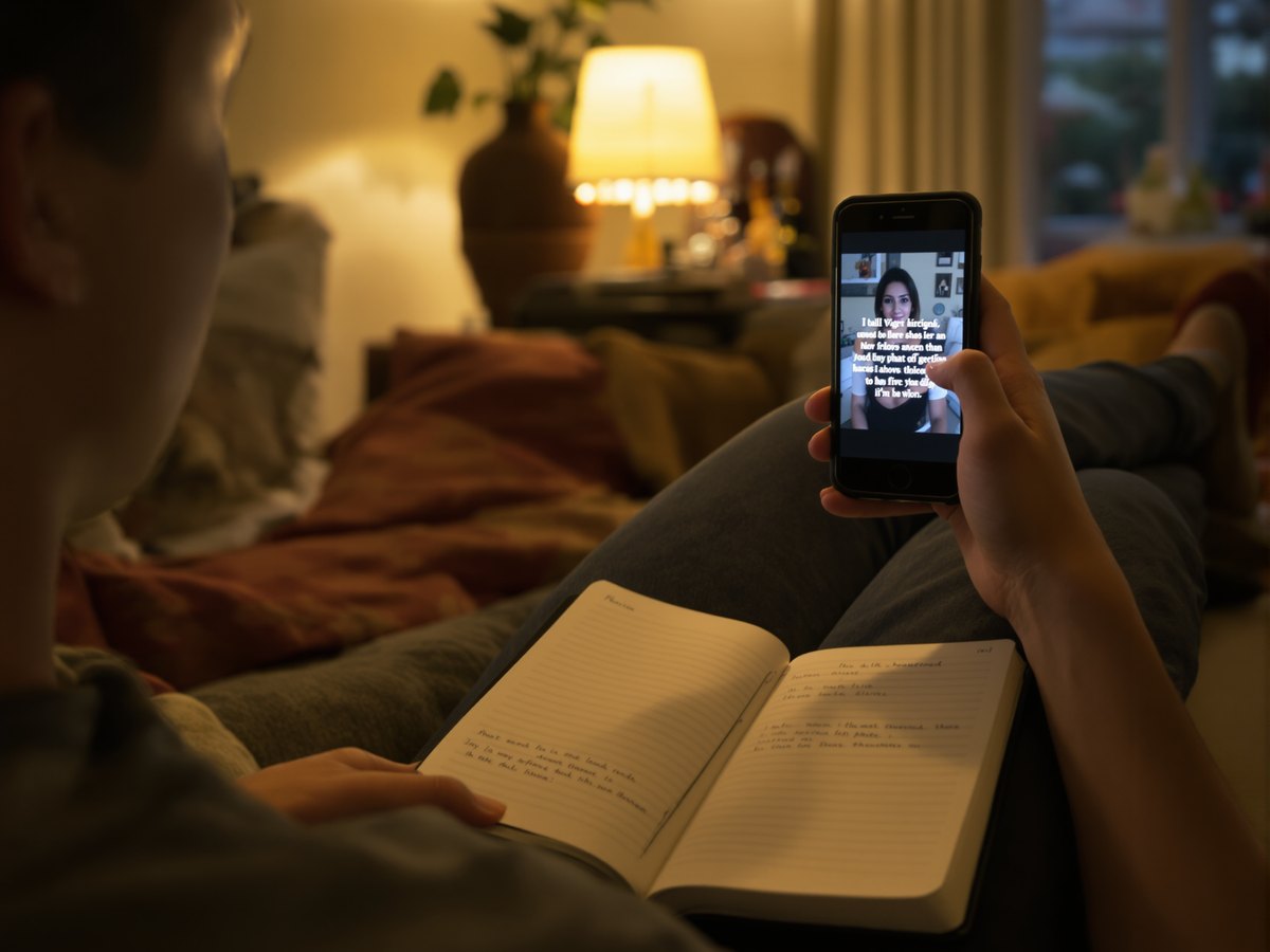 A man on a sofa watching a training video with captions on his phone, notebook on his lap