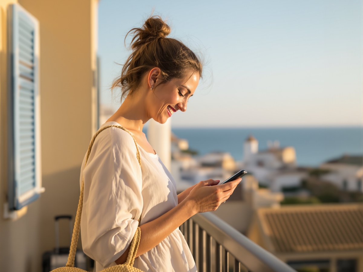 A woman on a sunny balcony abroad at golden hour, smiling at her phone beside a suitcase